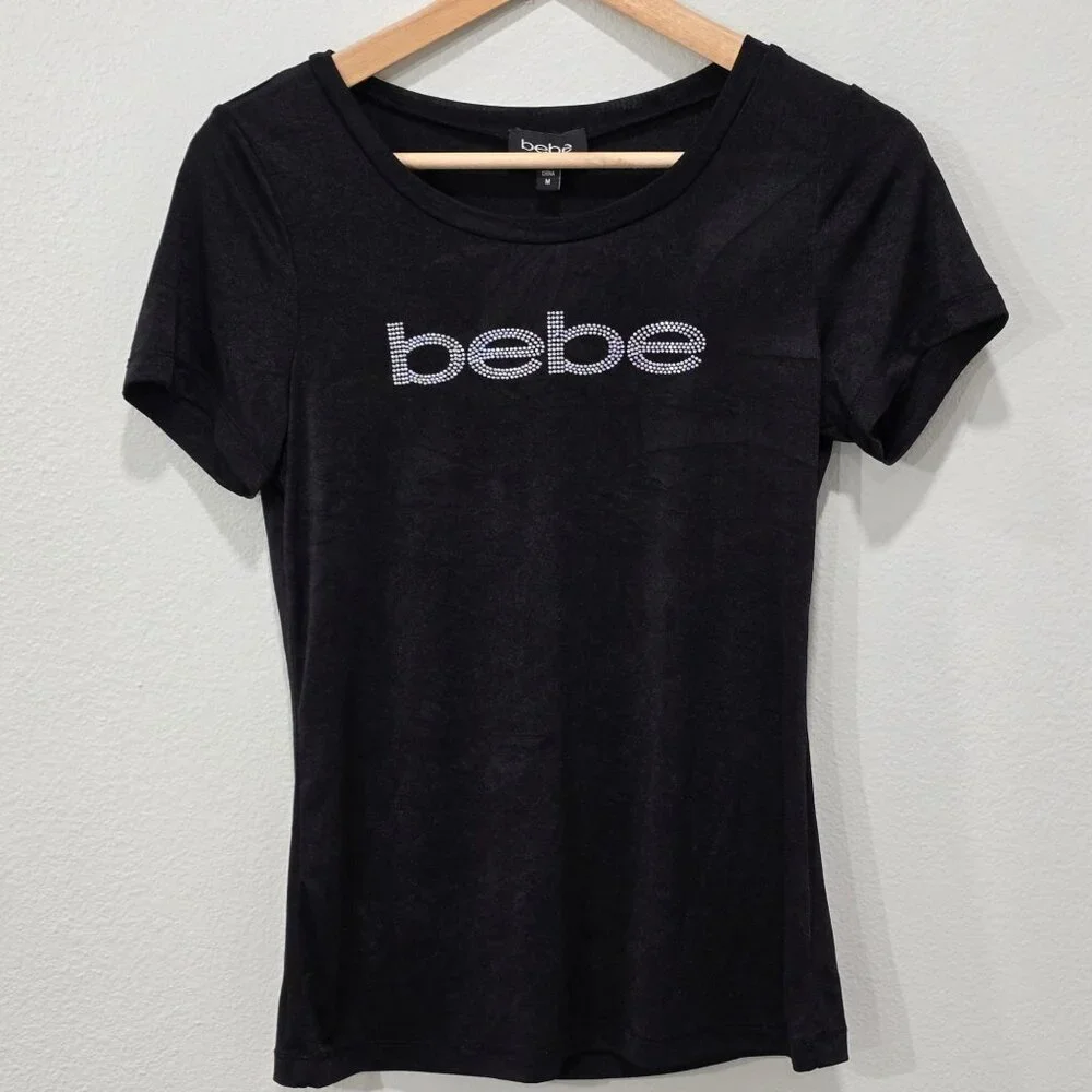 Bebe ✦ Black Rhinestone Logo Tee ✦ Short Sleeve Fitted Stretch Soft Y2K Sz M - Picture 2 of 9